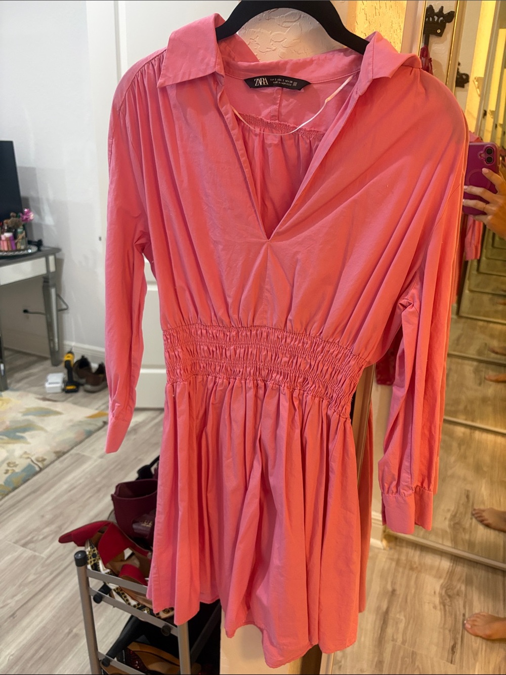 Zara Hot Pink Long-Sleeve Shirred-Waist Mini Dress